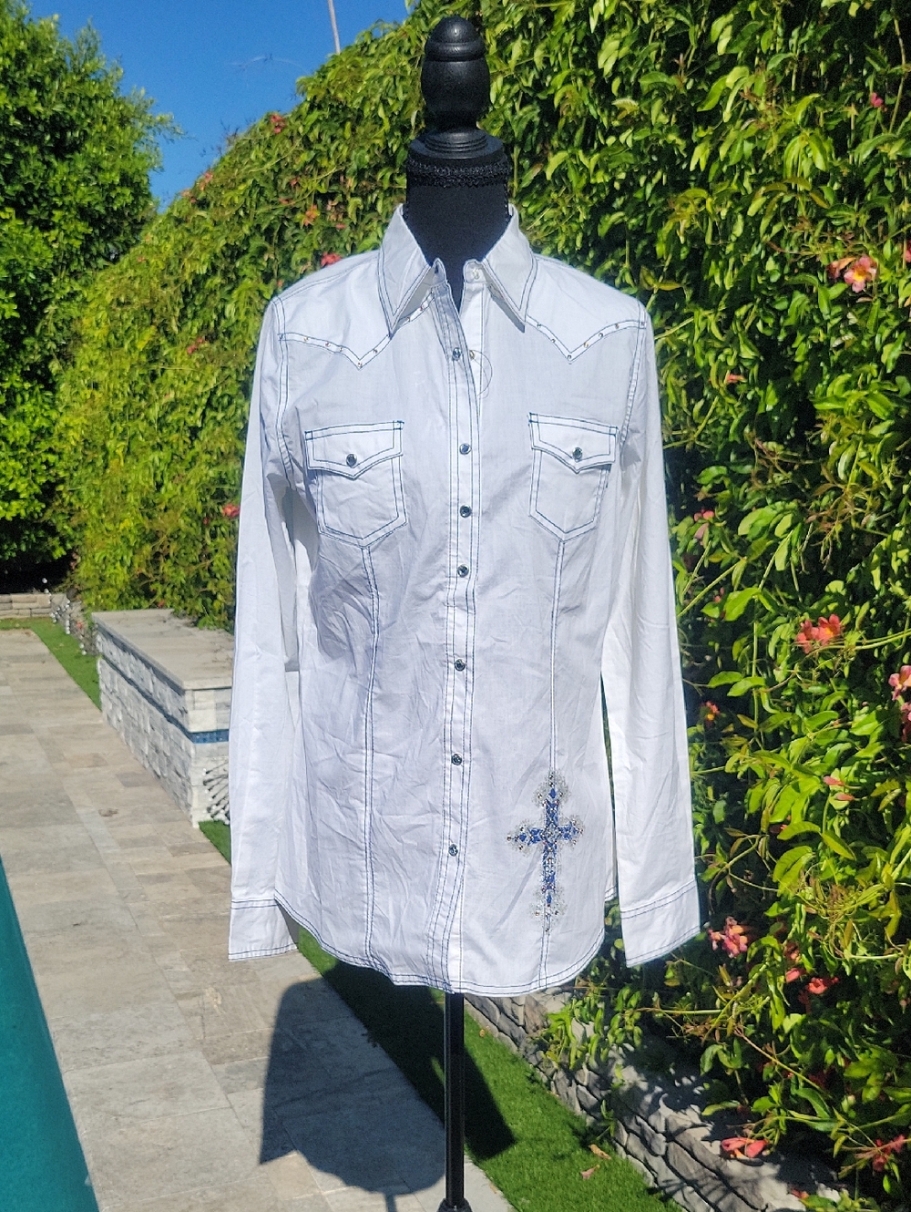 Wrangler White Western Jewel Snap Down Shirt with Blue Crosses & Jeweled Accents